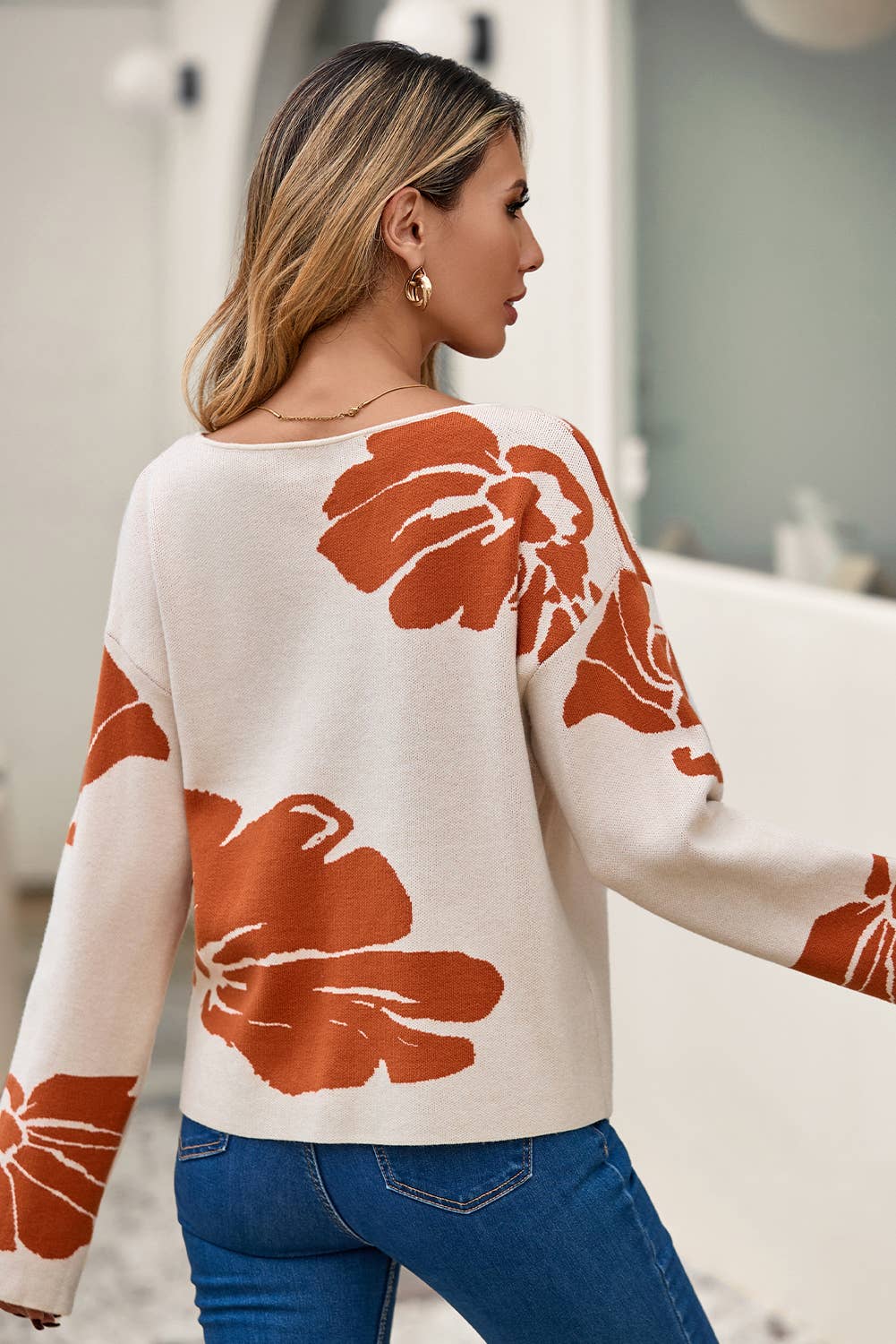 Beige  LDC Bold Flower Pattern Southern Girl Baggy Sweater for wholesale on Faire2