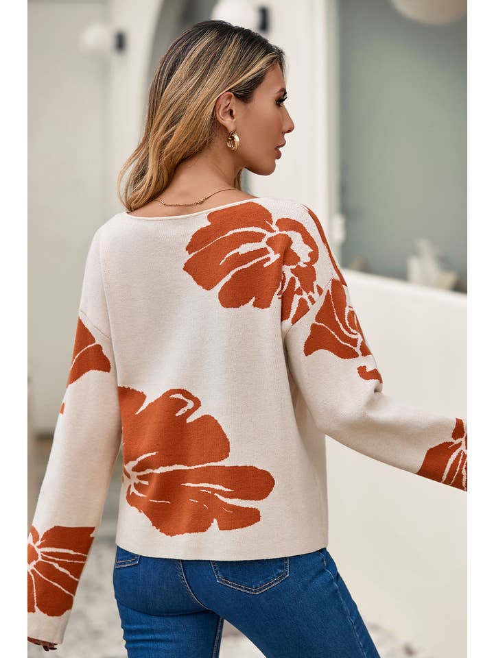 Beige LDC Bold Flower Pattern Southern Girl Baggy Sweater for wholesale on Faire2
