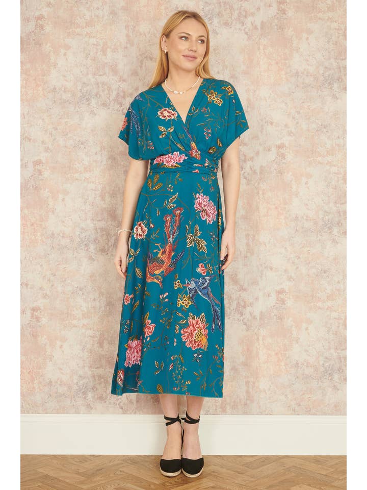 Yumi Teal Bird and Floral Print Ruched Waist Kimono Midi Dress for wholesale on Faire