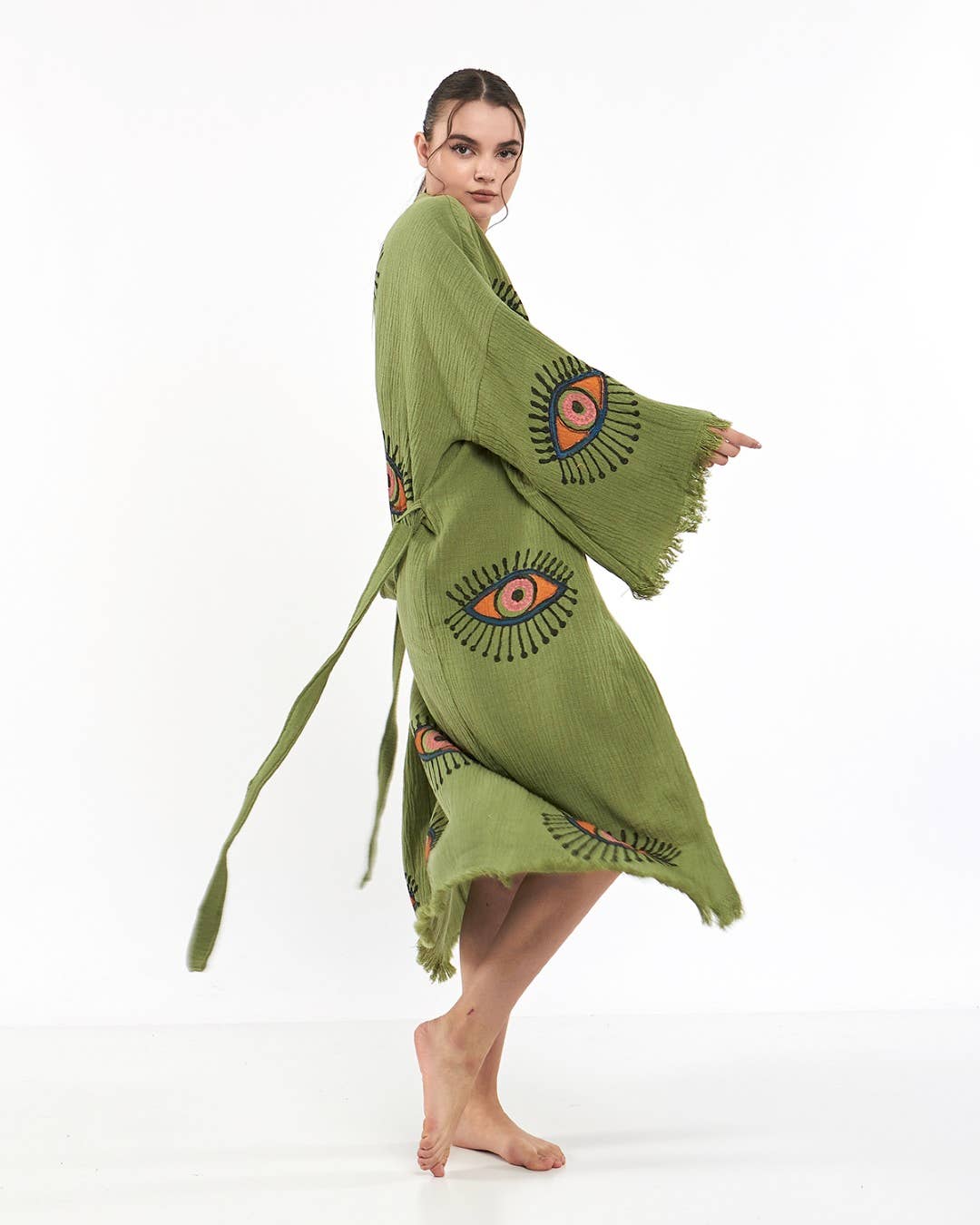 Yaz Concepts - Wholesale Kimono - Women's - Turkish Evil Eye Print Olive Green Robe Festival Kimono Gown6