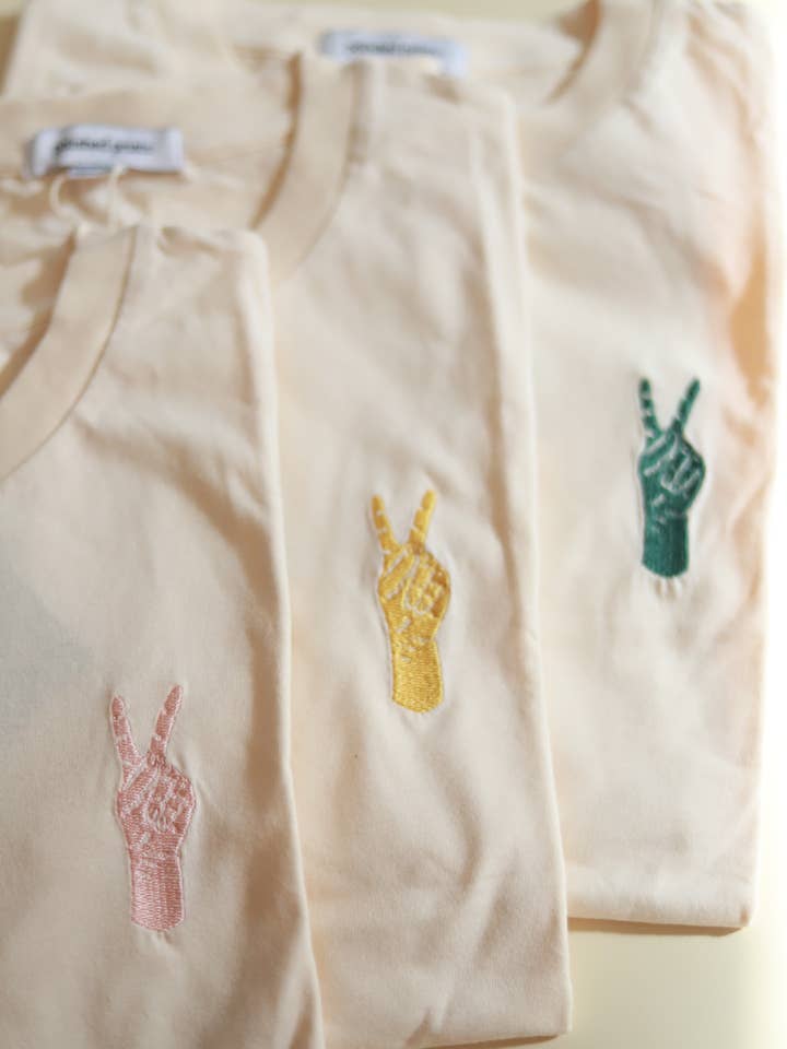 Rose Dust Peace Hand Embroidered T-Shirt, Womens Shirt, Chainstitch for wholesale on Faire1