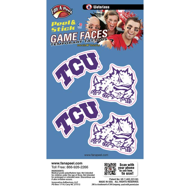TCU Game Faces® Temporary Tattoos for wholesale by Fanapeel / Gamefaces