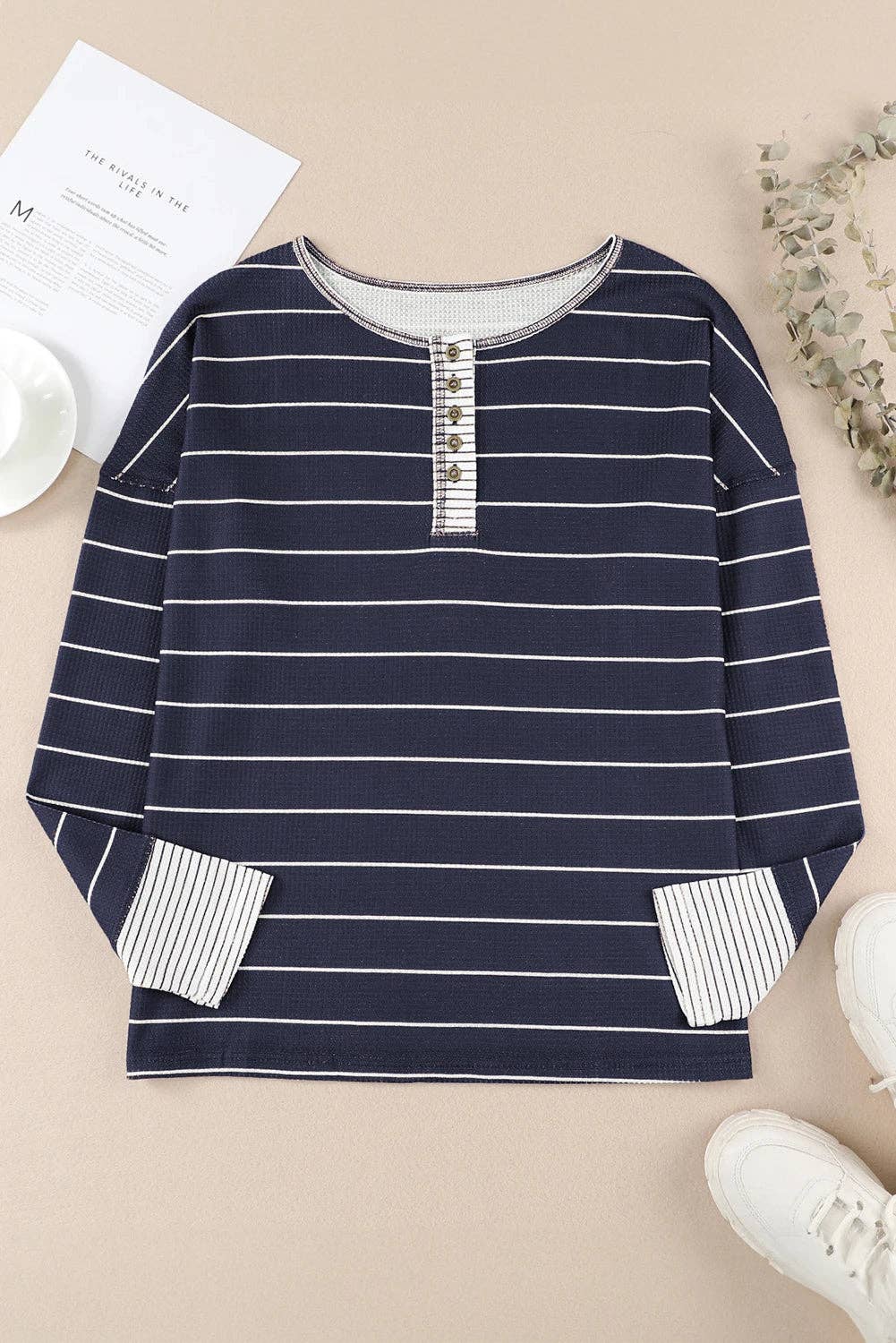 Lovesoft – wholesale Knit top – Women's – Striped Color Block Buttoned Waffle Knit Shirt11