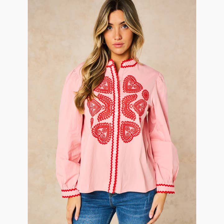 Embroidered Hearts Long Sleeve Cotton Shirt in Pink for wholesale by Sarta