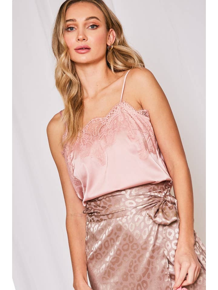 Vine & Love - Wholesale Camisole - Women's - Adjustable Straps Lace Trim Satin Camisole Tank Top VT318417