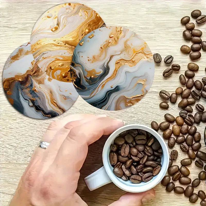 Huis Van Merken - Vente Sous-verre - Ensemble de 6 dessous de verre en bois imprimés marbre blanc et doré1