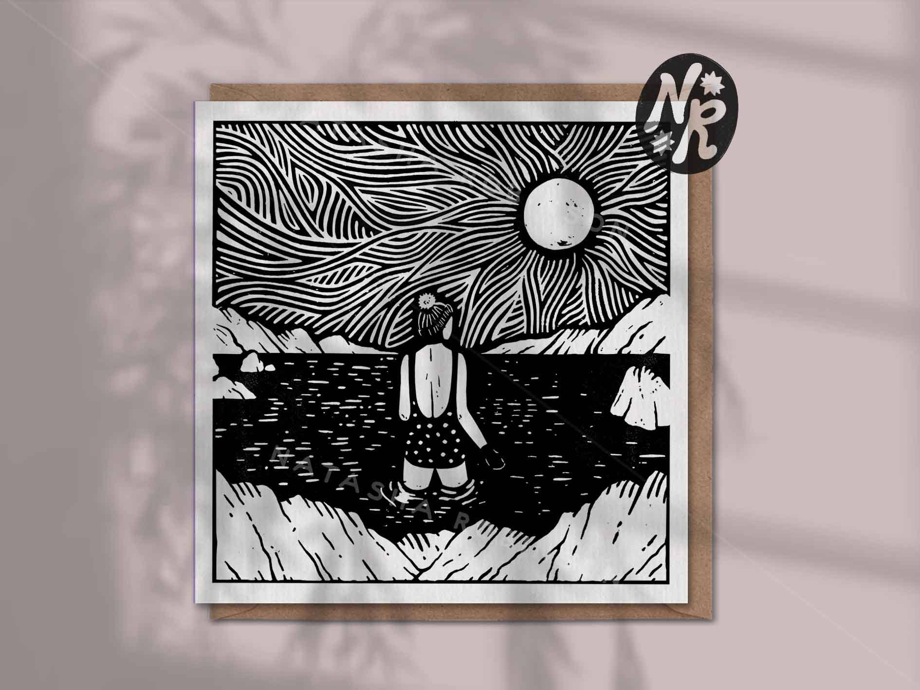 Natasha Robinson – wholesale Everyday greeting card – A Cold Dip Blank Wild Sea Swim Lino Square Greetings Card