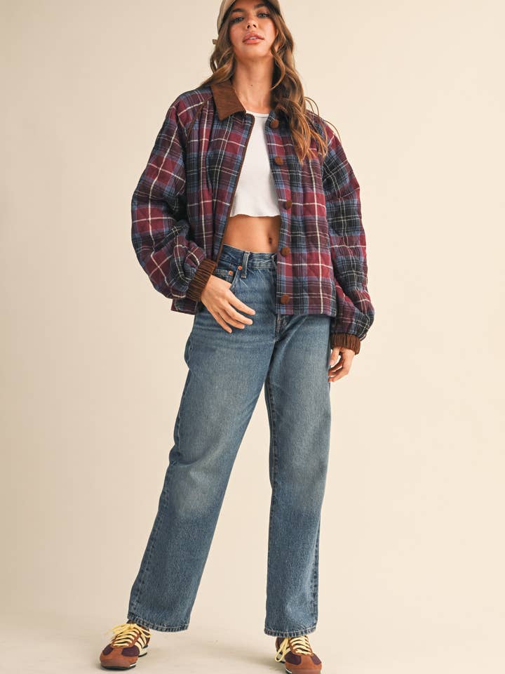 &MERCI - Wholesale Jacket - Women's - PLAID QUILTED JACKET WITH CONTRAST CORDUROY DETAIL MJK411539