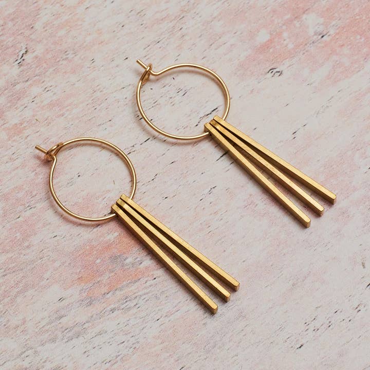 Gold Plated Hoop Earring with Brass Stacked Stick Charms for wholesale by Botanique Workshop