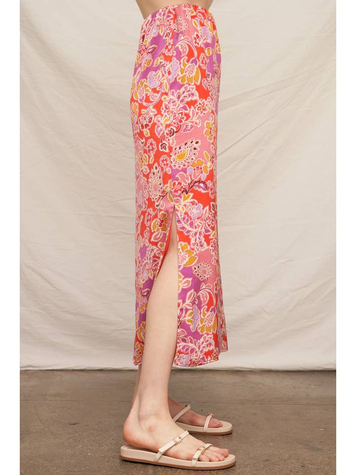 Pink Multi Floral Print Satin Midi Skirt for wholesale on Faire