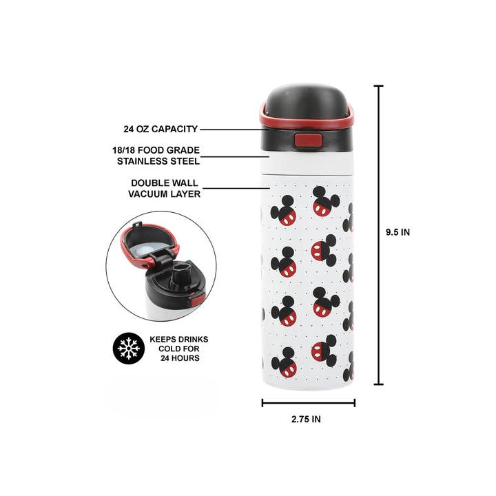 Bioworld Merchandising - Wholesale Water Bottle - Mickey Mouse Classic Mickey Ears All-Over Print White 24 Oz Stainless Steel Water Bottle3