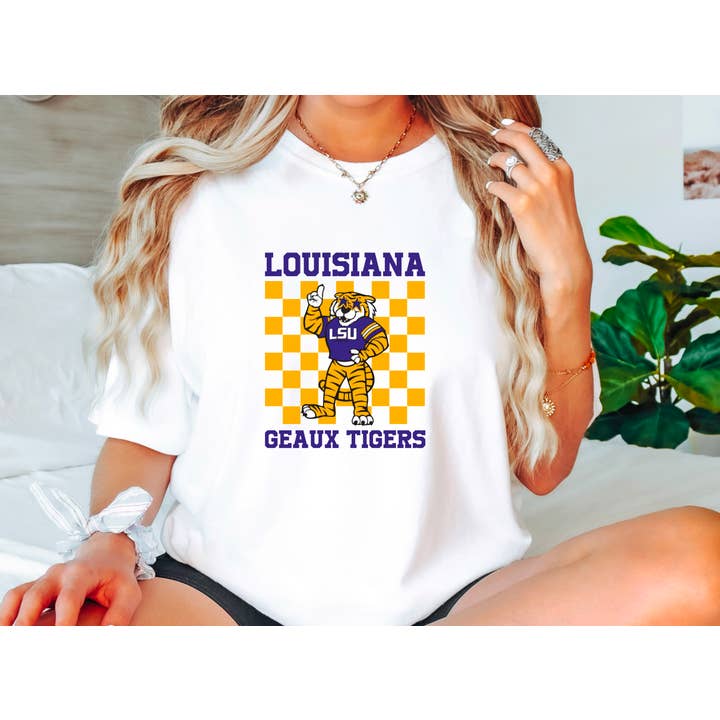 LSU Tigers Checker Graphic Tee for wholesale by Gia Gifts Boutique