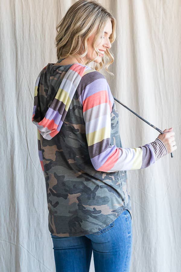 7th Ray - Wholesale Hoodie - Women's - Camo Print Stripe Raglan Sleeve Drawstring Hoodie T454911