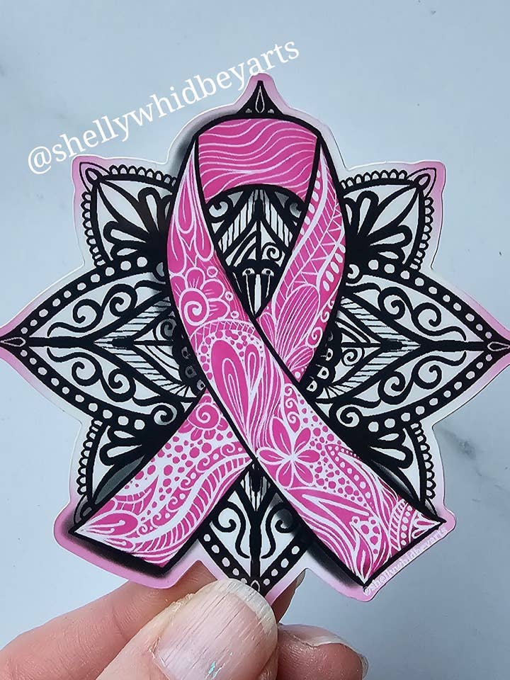 Pink Breast Cancer Awareness Ribbon Sticker for wholesale by Shelly Whidbey Arts