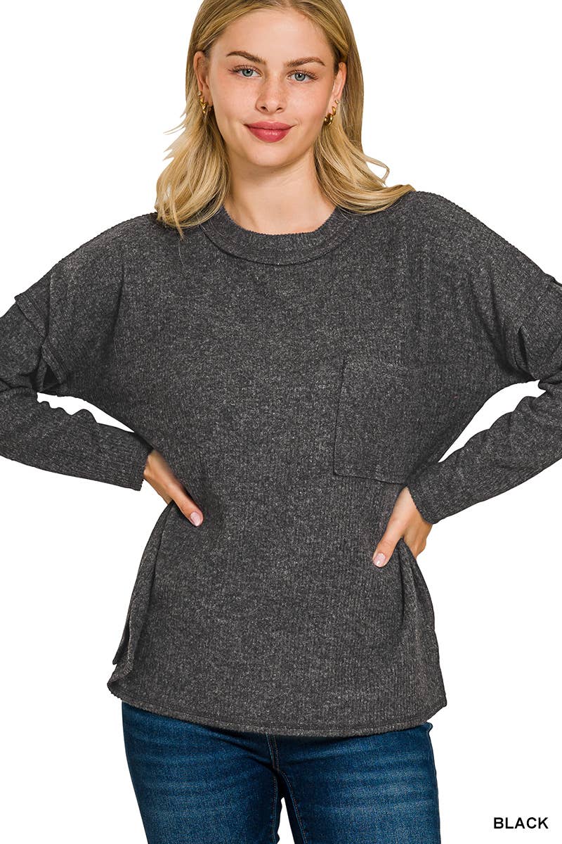 Vanilla Monkey - Wholesale Knit Sweater - Women's - Ribbed Brushed Melange Hacci Sweater With A Pocket0