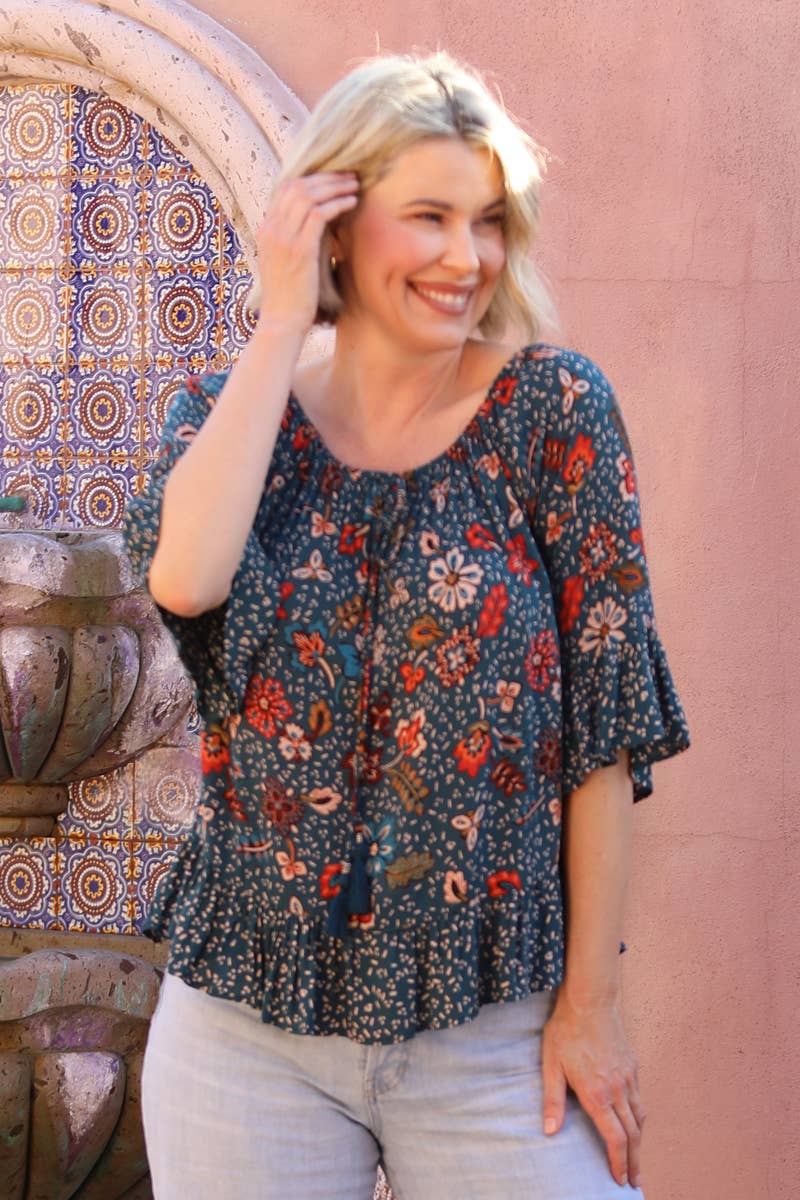 Nostalgia - Wholesale Blouse - Women's - N2R89-FQ73-FQ74 FLARE SLEEVE TWIN PRINT BLOUSE1