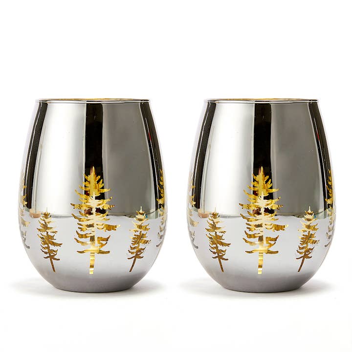 The Wine Savant / Khen Glassware - Venta al por mayor Copas de vino - Juego de 2 árboles de Navidad sin tallo, Winter Wonderland, color dorado