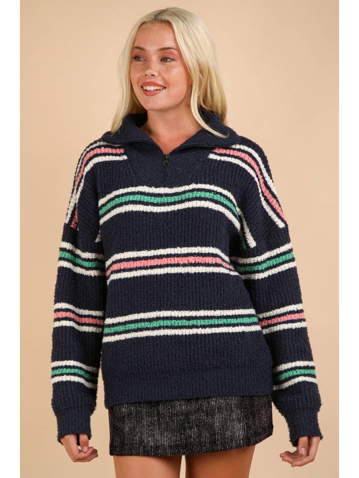 VERY J - Wholesale Knit Sweater - Women's - 12W3136N-Multi Color Striped Half Zip Up Knit Sweater Top