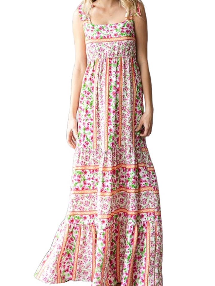 Floral Shoulder Tie Tiered Maxi Dress for wholesale by Vanilla Monkey
