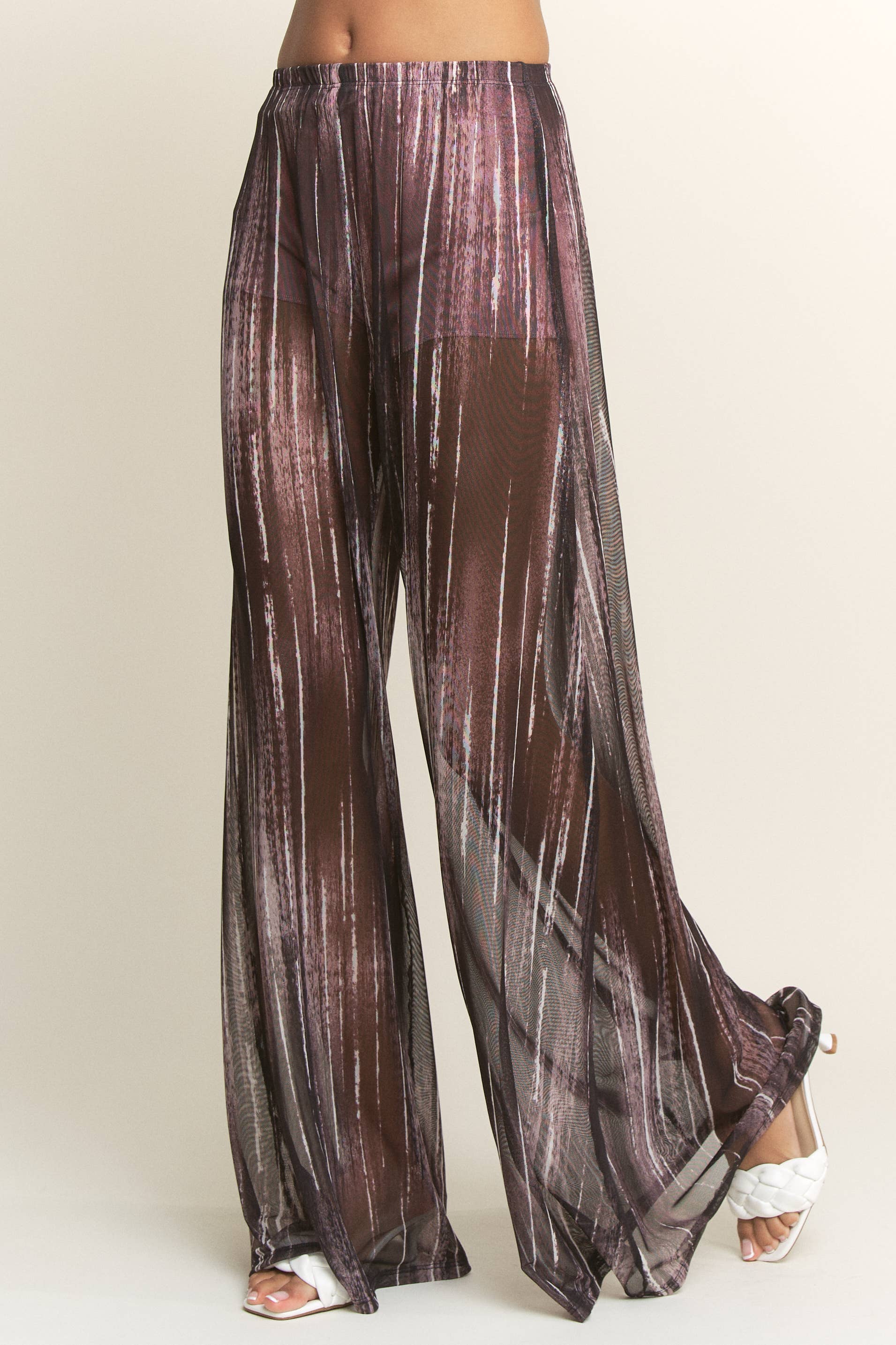 YNEZ - Wholesale Pants - Women's - Vibrant Stripe Print Sheer Wide Leg Cocktail Going Out Pant10