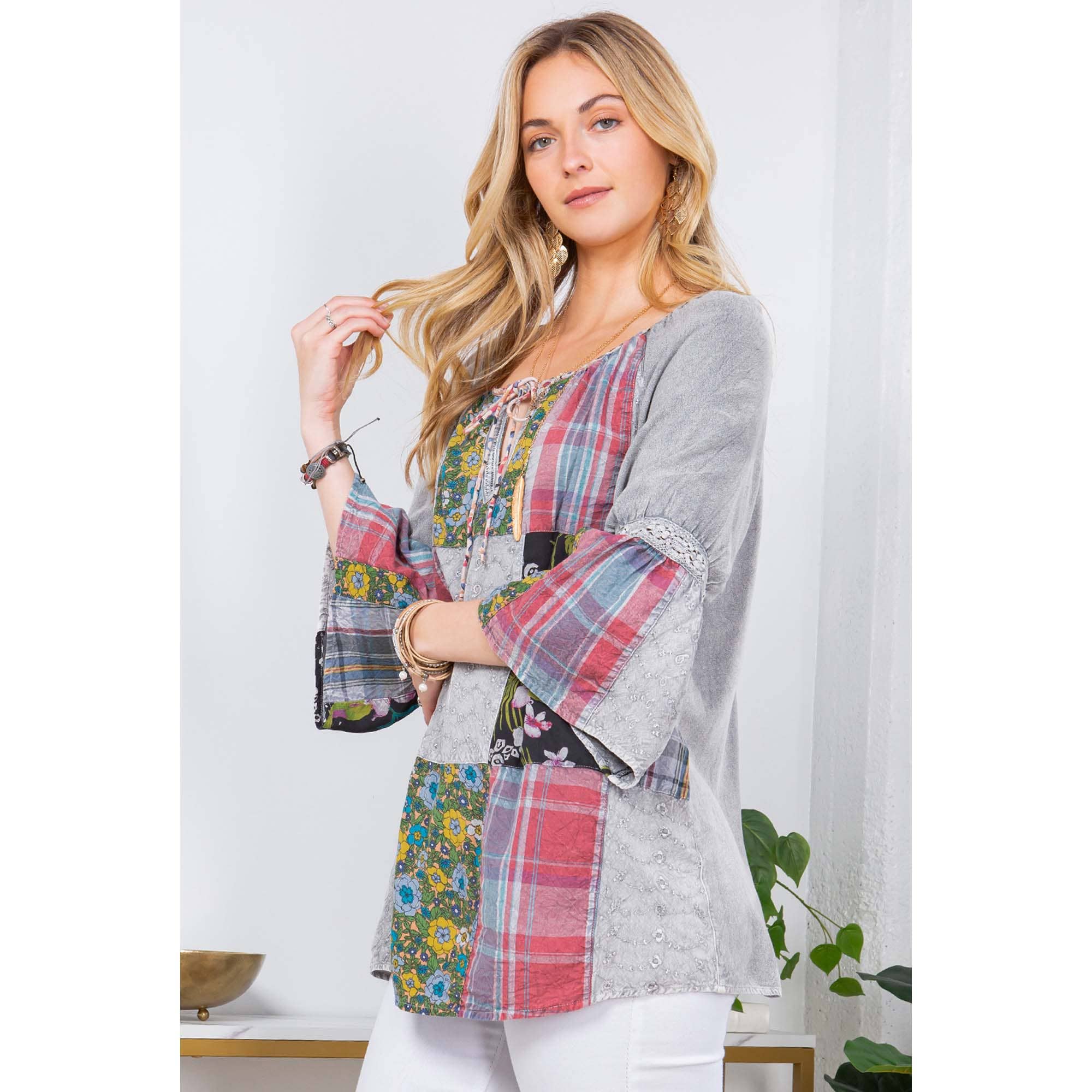 Young Threads - Wholesale Tunic - Women's - Peasant Top with Print Checks Patchwork (New Color)8