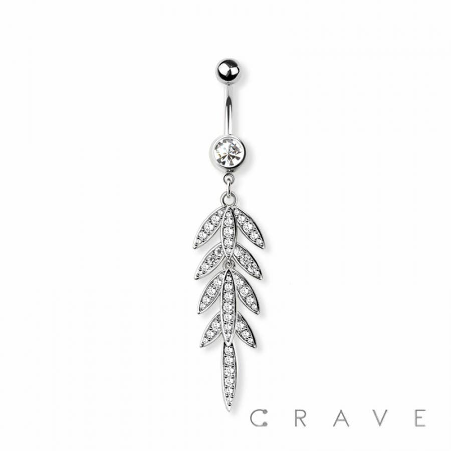 CRAVE - Wholesale Belly Ring - CZ PAVED LEAF DANGLE 316L SURGICAL STEEL NAVEL RING3