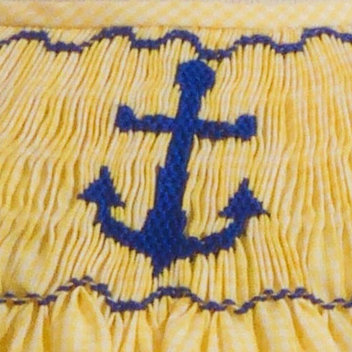 Yellow Gingham Anchors Smocked Short Sleeve Bishop Dress for wholesale by Hello Bebes!