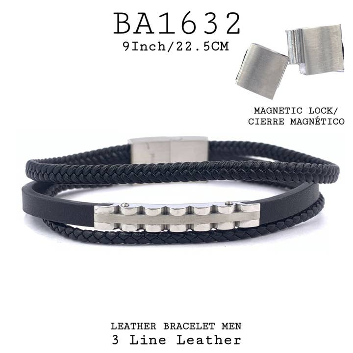 19 Inch / 22.5 cm S. Steel Black Faux Leather Bracelet Men for wholesale by Nisso & Co. NYC Jewelry Wholesale