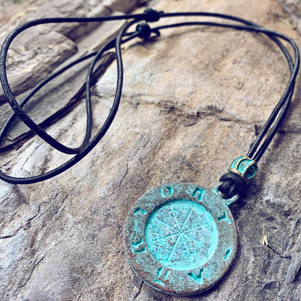 Peacock & Lime - Wholesale Pendant/Charm Necklace - ancient path/men's patina compass medallion leather necklace1