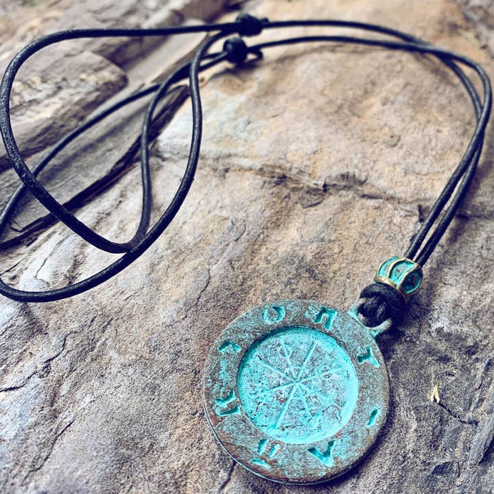 Peacock & Lime - Wholesale Pendant/Charm Necklace - ancient path/men's patina compass medallion leather necklace1