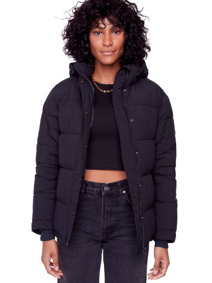 FORILLON | WOMEN'S VEGAN DOWN (RECYCLED) SHORT QUILTED PUFFER JACKET, BLACK for wholesale by Alpine North CA