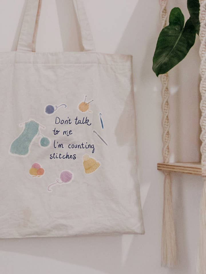Don't Talk to Me I'm Counting Stitches Handmade Tote Bag for wholesale by Stewart Gaus Design