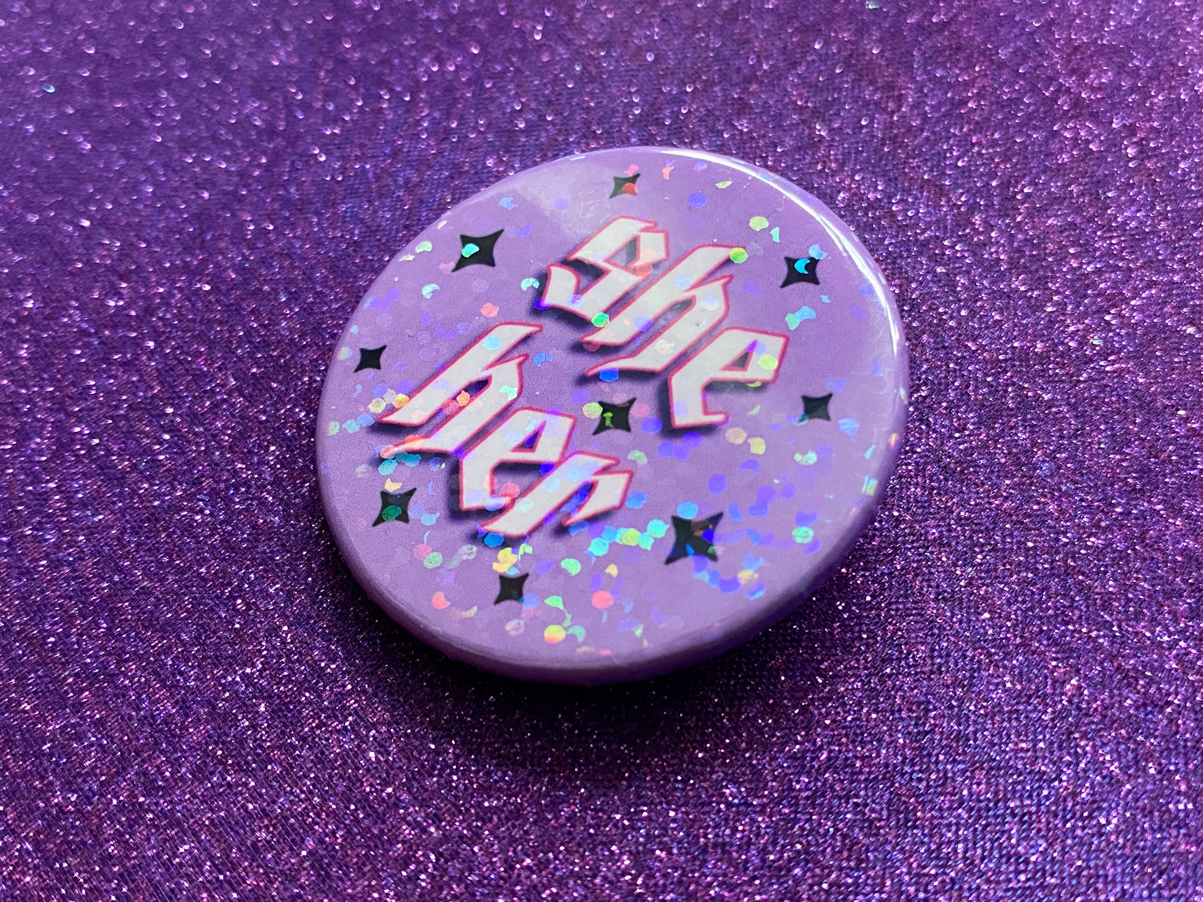 Magical Meow – wholesale Lapel pin/button – She/Her Pronoun Holographic Pin Badge1