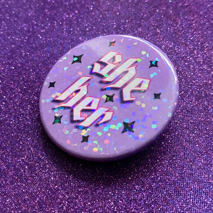 Magical Meow – wholesale Lapel pin/button – She/Her Pronoun Holographic Pin Badge1