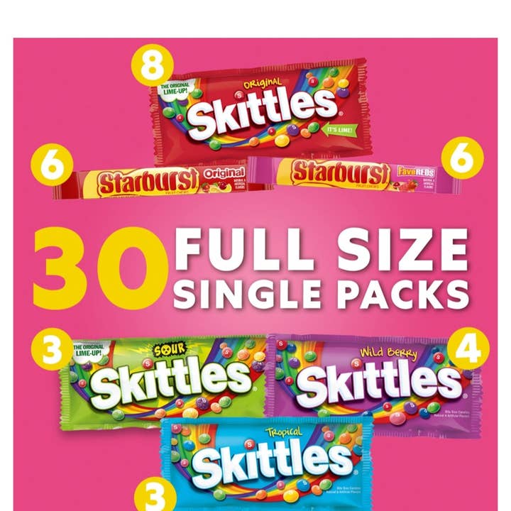 Majestic Wholesale - Wholesale Boiled sweets - Starburst & Skittles Variety Box – 30ct Full-Size Candy1