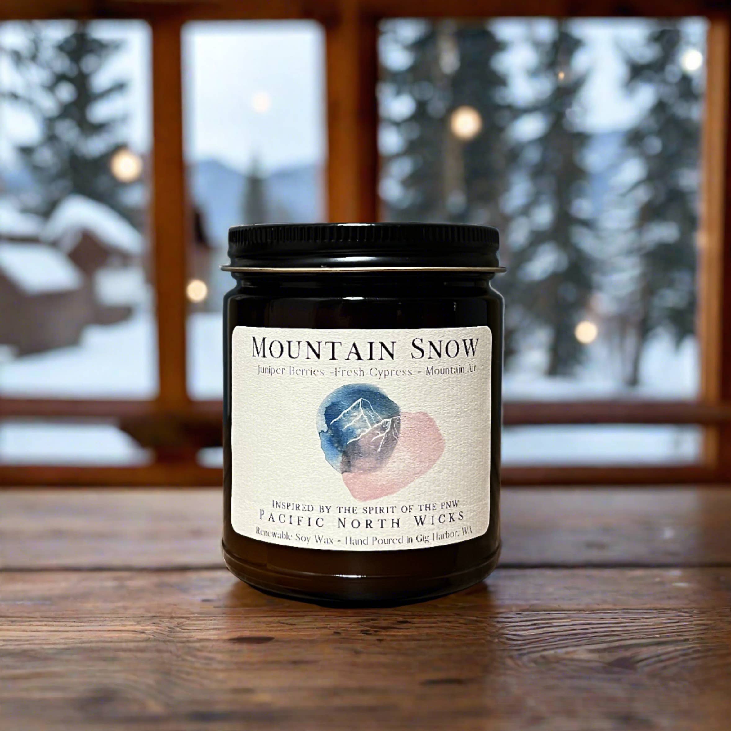 Pacific North Wicks - Wholesale Jar/Filled Candle - Mountain Snow Candle | Juniper | Cypress | 8 oz Amber Jar