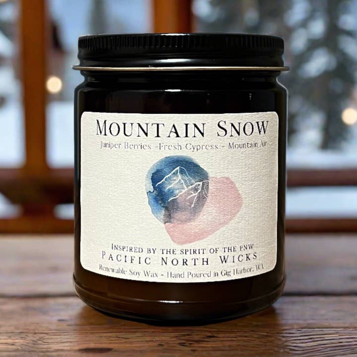 Pacific North Wicks - Wholesale Jar/Filled Candle - Mountain Snow Candle | Juniper | Cypress | 8 oz Amber Jar0