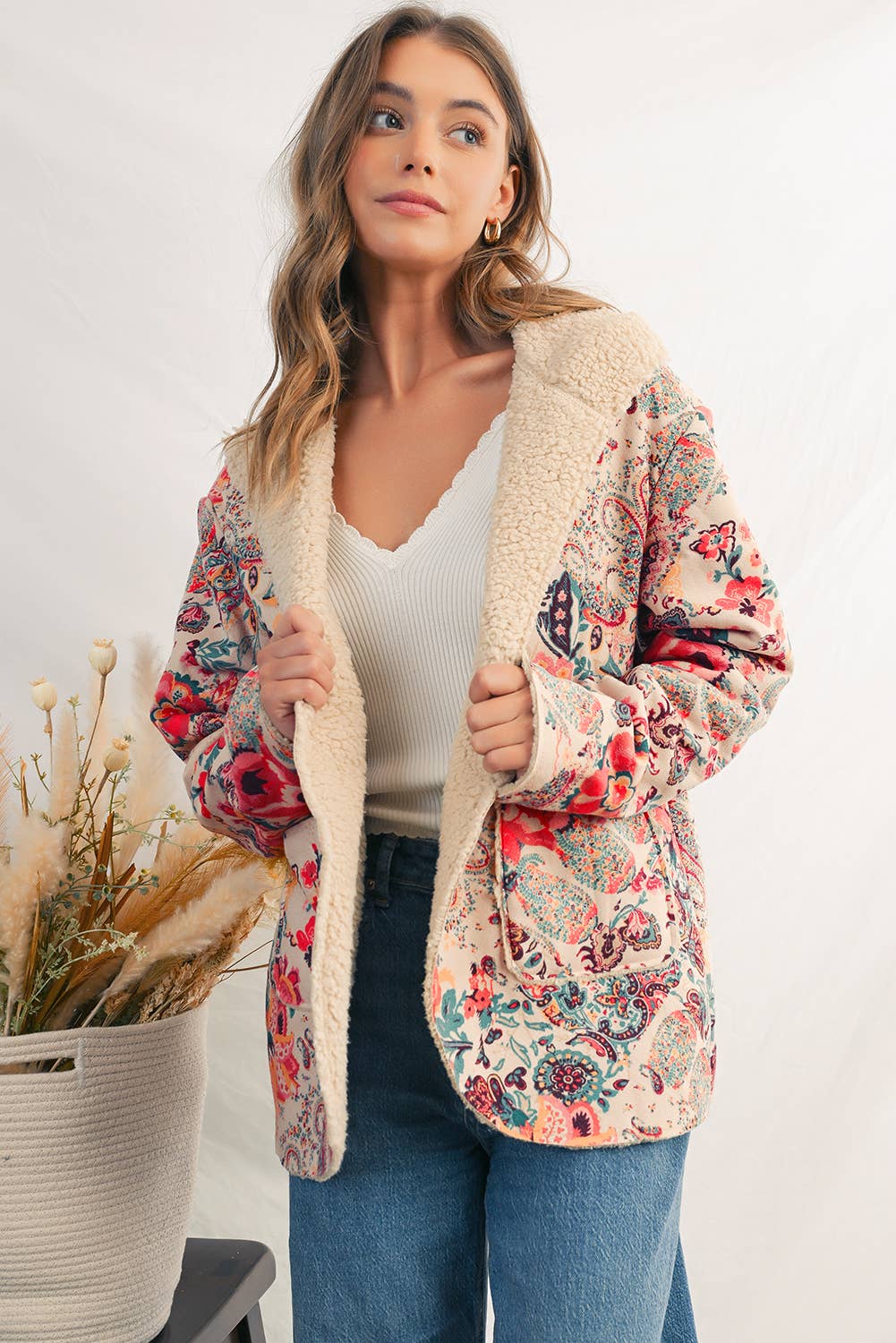 As shown Paisley Floral Print Sherpa Lined Hooded Jacket | S-XL for wholesale on Faire2