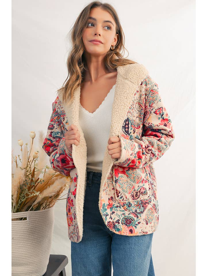 As shown Paisley Floral Print Sherpa Lined Hooded Jacket | S-XL for wholesale on Faire2