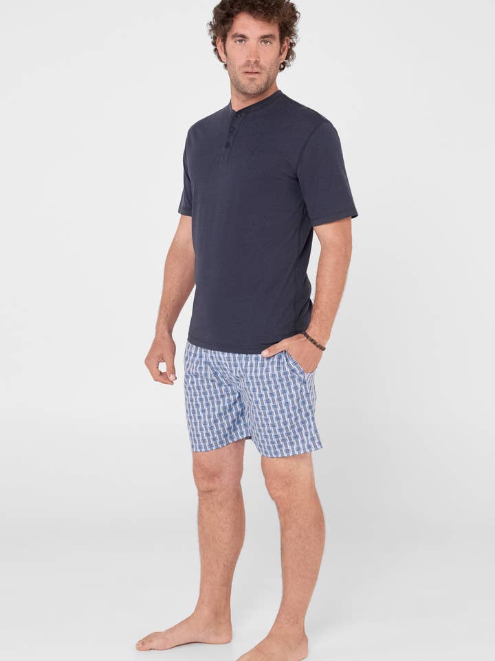 Pijama Hombre Corto Verano Punto Tela Cuadros - Azul 3604 para venta al por mayor de El Búho Nocturno