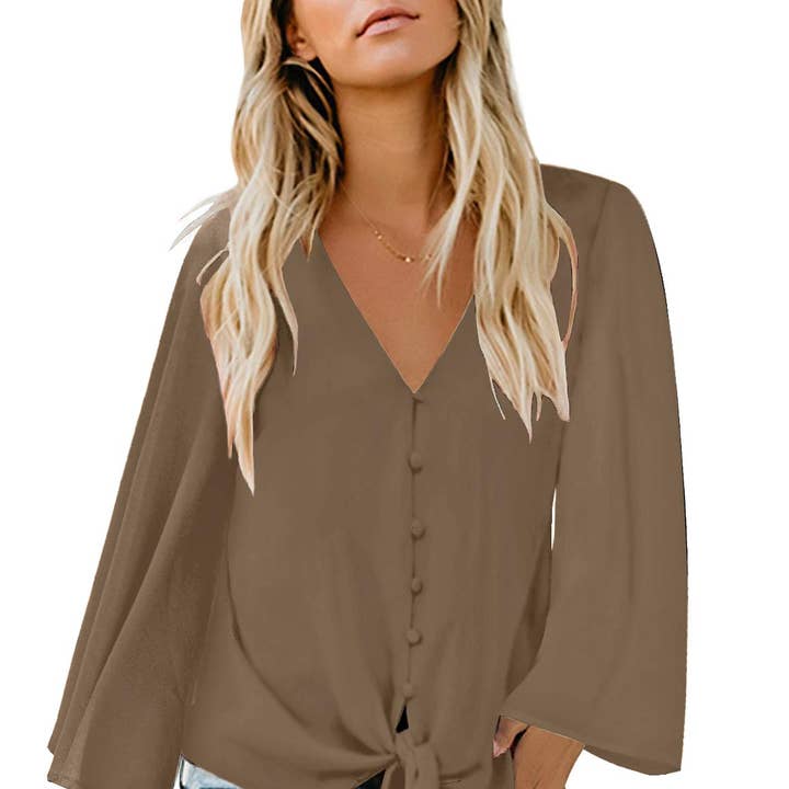 Ladies Brown Button V Neck Tie Front Long Sleeves Blouse for wholesale by Jolea