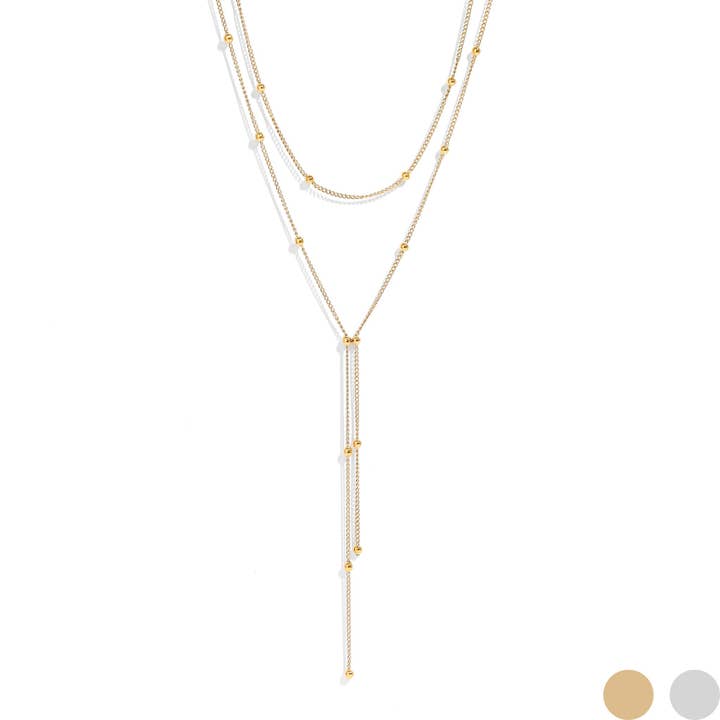 WJW - Wholesale Y-Neck/Lariat Necklace - 18K Gold PVD Stainless Steel Lariat Necklace Double Ball Bead1
