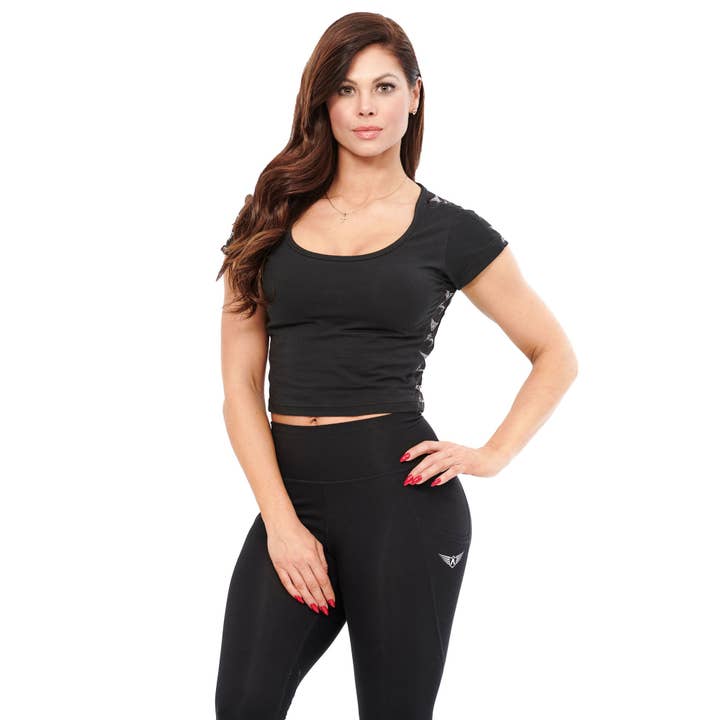 Nirva Stripe Short Sleeve Crop Top - Black for wholesale by FIT ARMY