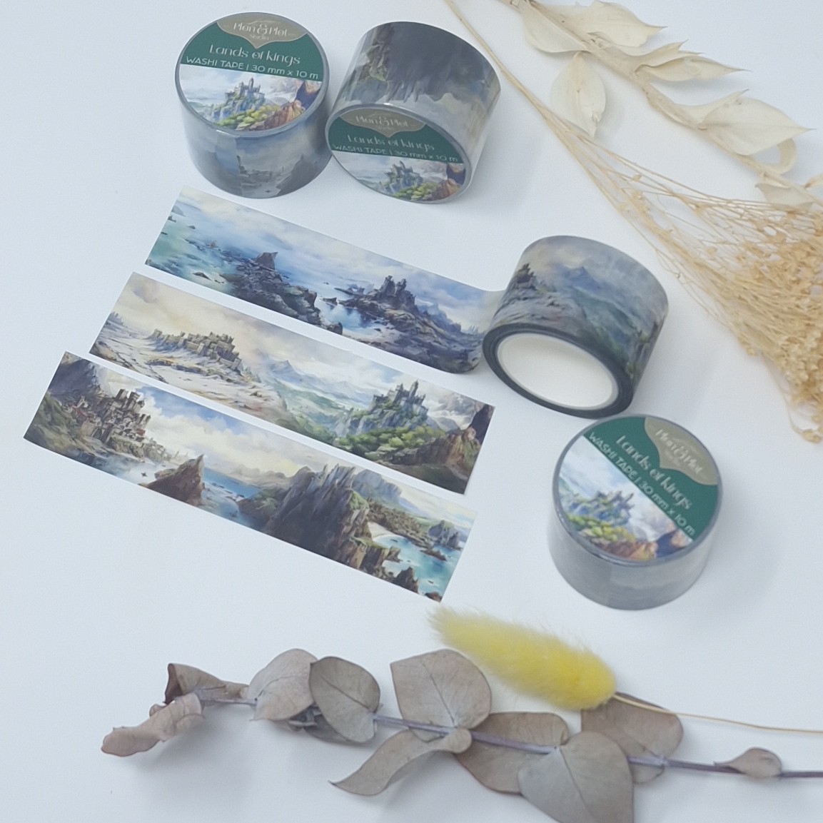 Plan & Plot Studio - Vente Rubans adhésifs Washi - Washi tape « Lands of Kings » avec paysages et châteaux médiévaux5