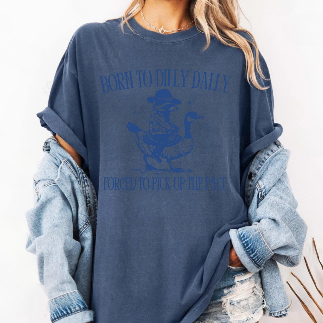 Clover + Cotton Co - Wholesale Screen Printed T-Shirt - Unisex - Over Print | Born To Dilly Dally Tees1