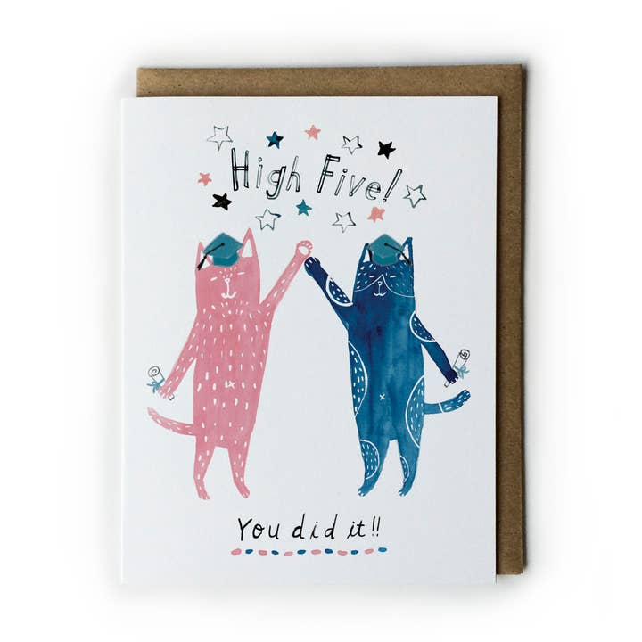 Cat Graduation High Five Greeting Card for wholesale by Honeyberry Studios
