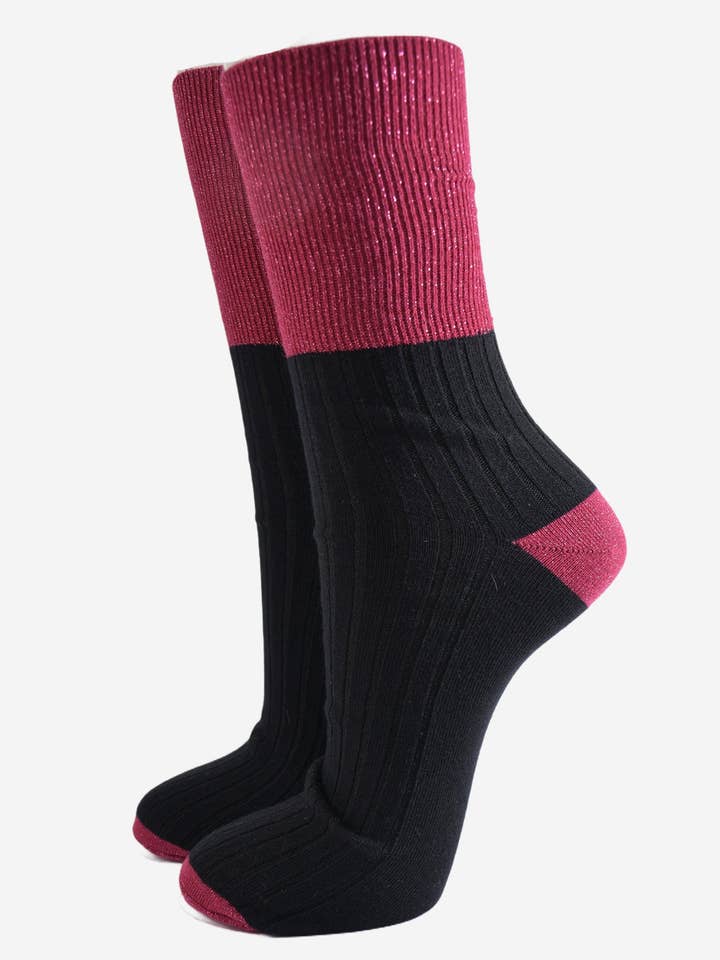 Women's Folding Cuff Socks - Berry/Black, Two Tone Glitter for wholesale by Sock Talk