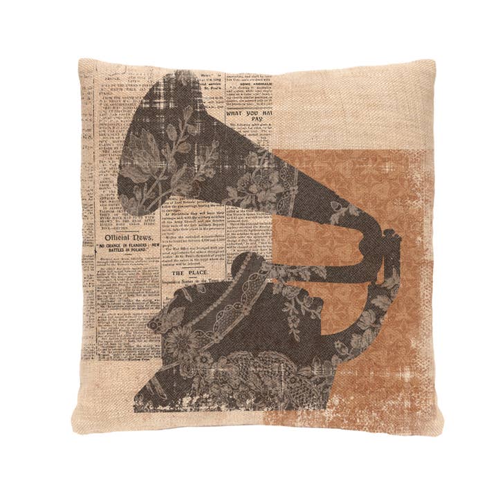 Heritage Lace - Wholesale Throw Pillow Cover - Silhouettes Gramophone 18x18 Polyester Pillow Cover Natural