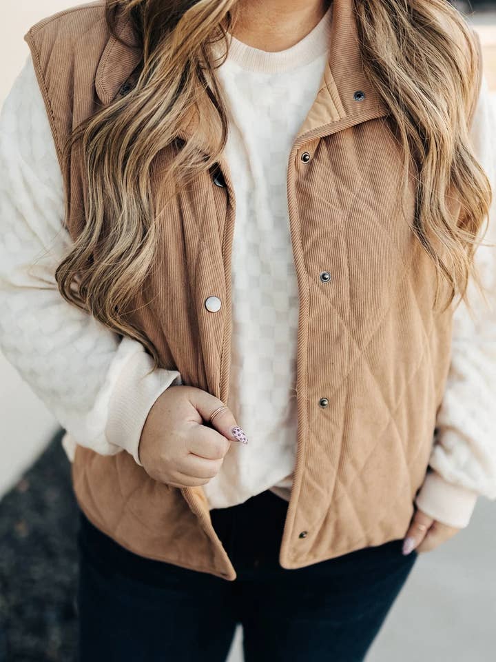 Camel Plus Size Quilted Cord Snap Button Vest Jacket for wholesale by FULL TIME PURCHASE