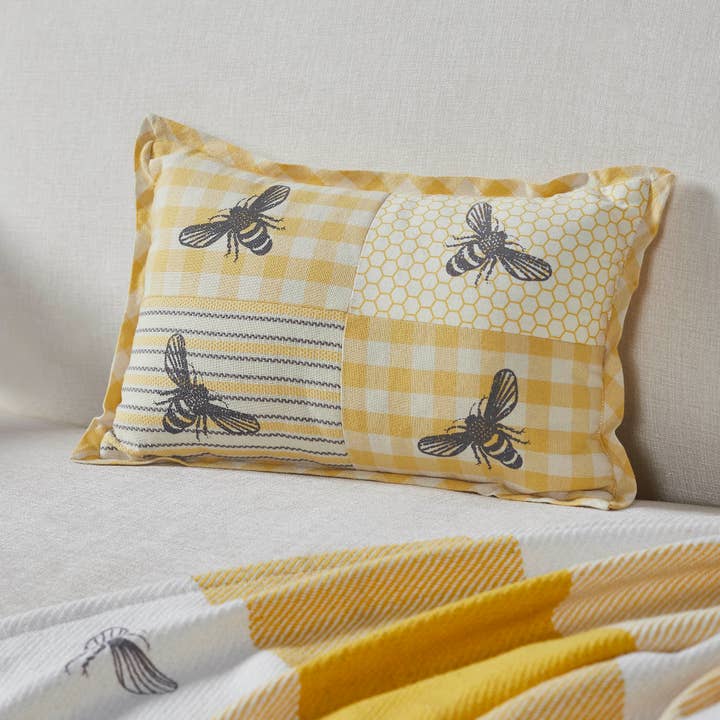 VHC Brands - Wholesale Throw/Decorative Pillow - Buzzy Bees Patchwork Bee Pillow 9.5x140